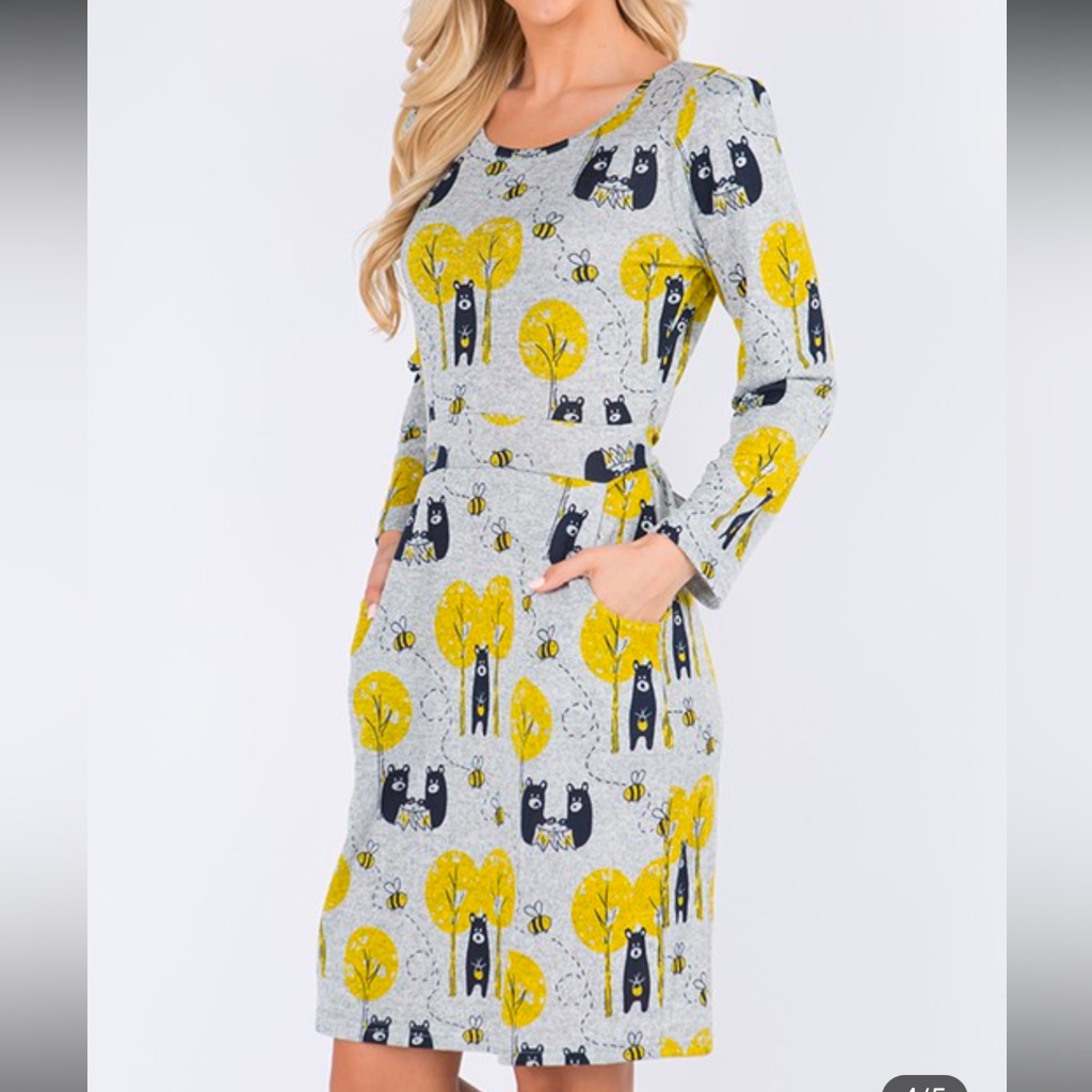 Long Sleeve Gray & Yellow Printed Knit Dress